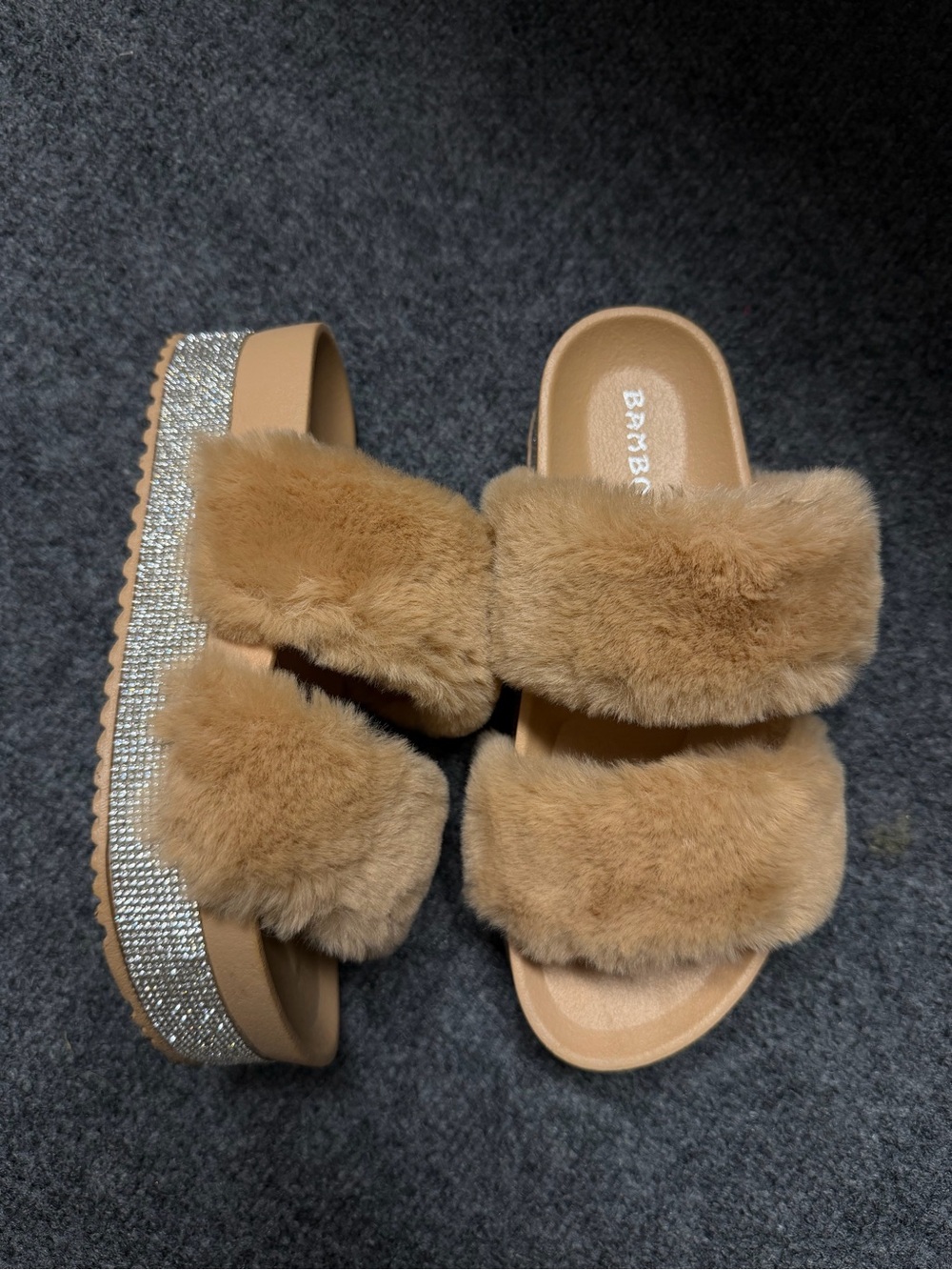 Faux Fur Slide Sandals in Camel